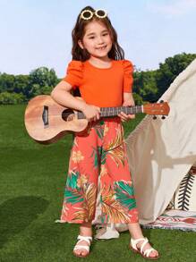 SHEIN Toddler Girls Puff Sleeve Tee & Tropical Print Wide Leg Trousers - Orange - View 5