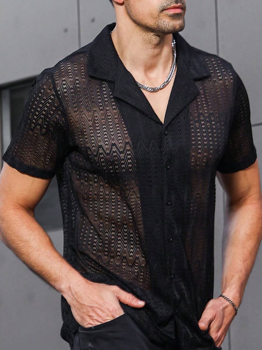 Manfinity AFTRDRK 男士鏤空前紐扣襯衫 - 黑色 - 查看 1