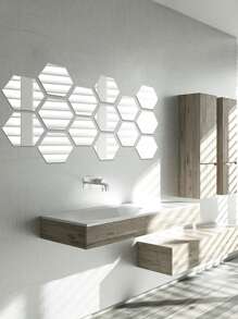12 piezas/set Espejo moderno con diseño geométrico Espejo de pared azulejo para casa - Plateado - Ver 6