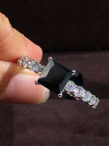 1 chiếc nhẫn vuông Cubic Zirconia thanh lịch, nhẫn đính hôn cô dâu cho nữ, nhẫn kỷ niệm ngày cưới vĩnh cửu, đeo hàng ngày - màu đen - Xem 11