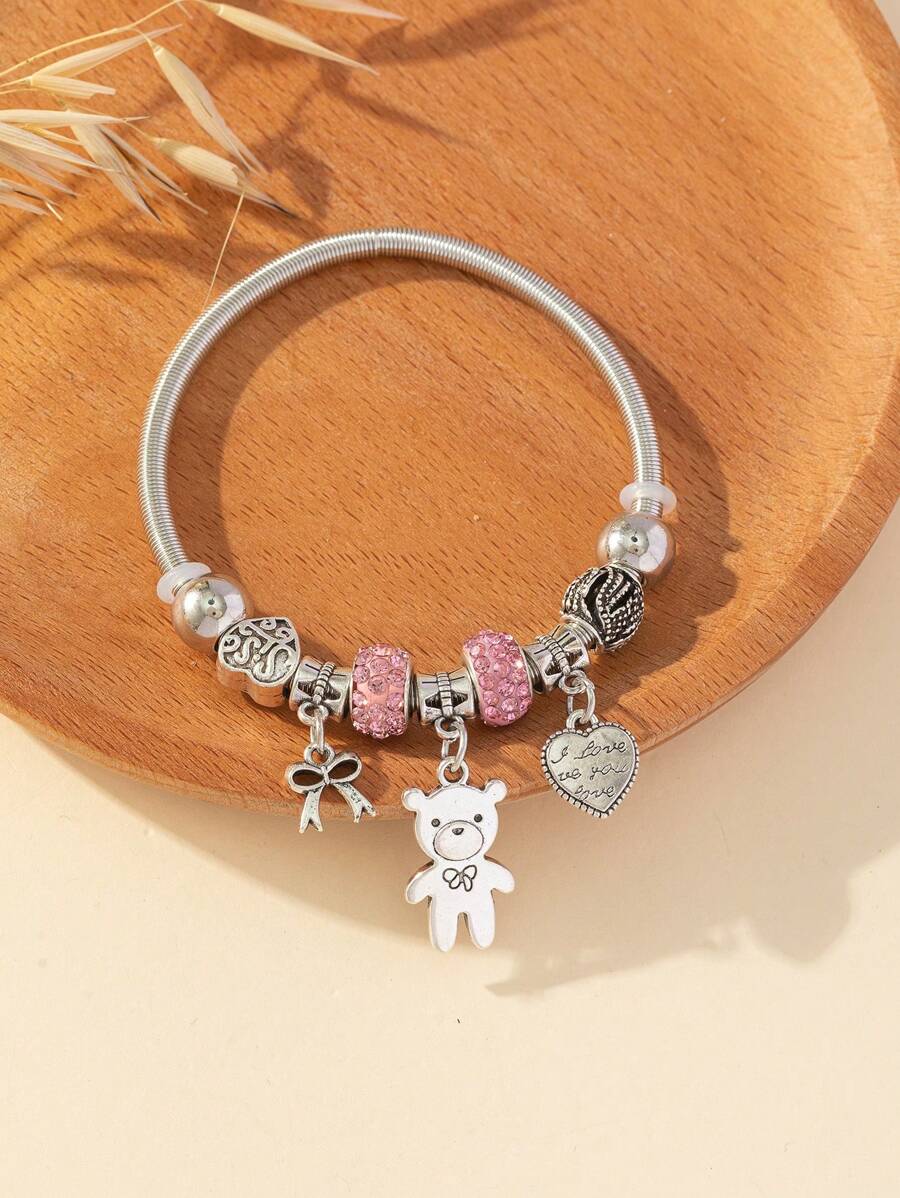 1 hạt kim loại hình trái tim lỗ lớn & hạt đá giả đất sét & hạt bất đối xứng cổ điển & mặt dây chuyền nơ & mặt dây chuyền hình trái tim khắc & mặt dây chuyền hình gấu vòng tay co giãn bằng thép không gỉ cho ngày lễ tình nhân - Nhiều màu - Xem 1