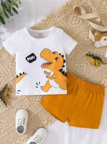 Baby Dinosaur & Letter Graphic Tee & Shorts - Multicolor - View 1
