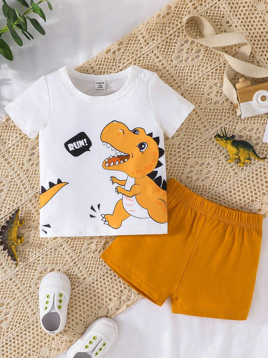 Baby Dinosaur & Letter Graphic Tee & Shorts - Multicolor - View 1