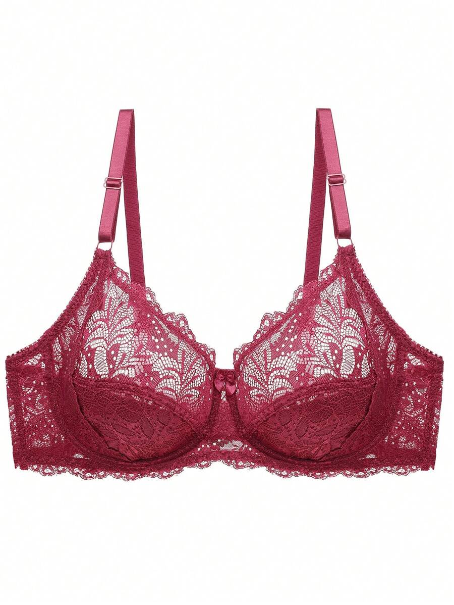Plus Floral Lace Underwire Bra Lingerie - Burgundy - View 1