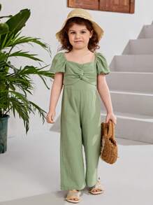SHEIN 小女童前收褶泡泡袖連身褲 - 薄荷綠 - 查看 1