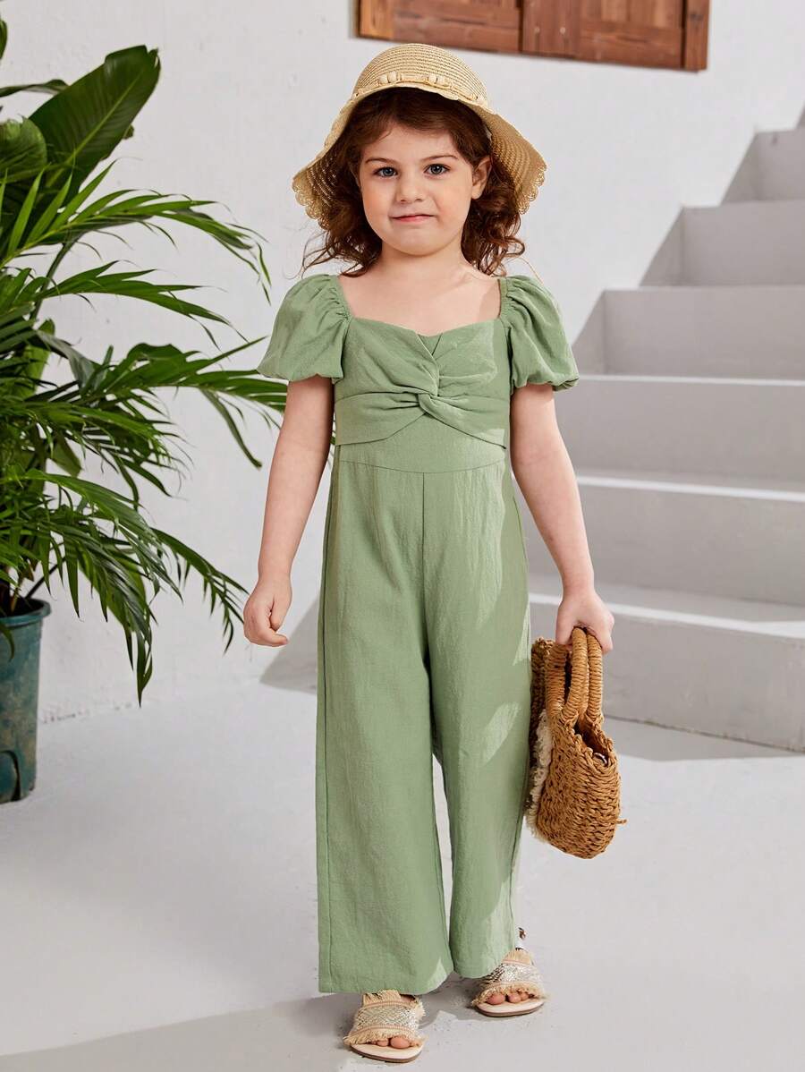 SHEIN 小女童前收褶泡泡袖連身褲 - 薄荷綠 - 查看 1