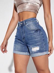 SHEIN Essnce 破洞卷邊牛仔短褲