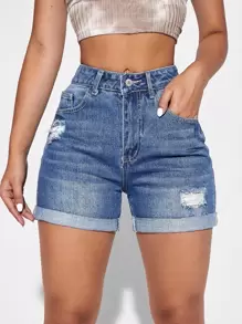 SHEIN Essnce 破洞卷邊牛仔短褲