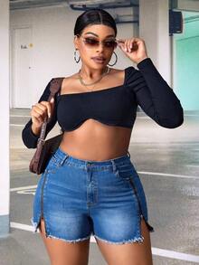 SHEIN SXY 大碼拉鏈開襟毛邊牛仔短褲 - 中等水洗藍 - 查看 4