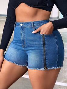 SHEIN SXY 大碼拉鏈開襟毛邊牛仔短褲 - 中等水洗藍 - 查看 3