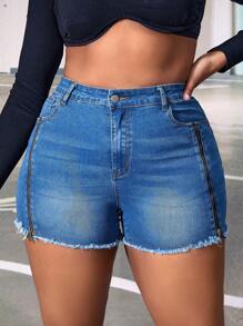 SHEIN SXY 大碼拉鏈開襟毛邊牛仔短褲 - 中等水洗藍 - 查看 5