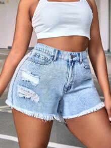 SHEIN SXY 大碼破洞毛邊牛仔短褲 - 淺色水洗藍 - 查看 4