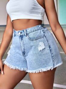 SHEIN SXY 大碼破洞毛邊牛仔短褲 - 淺色水洗藍 - 查看 5