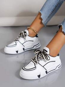 Women Two Tone Skate Shoes, Lace-up Front Sporty Sneakers - Black and White - View 2