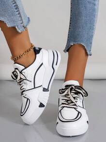 Women Two Tone Skate Shoes, Lace-up Front Sporty Sneakers - Black and White - View 5