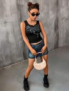 印花短款背心 - 黑色 - 查看 4