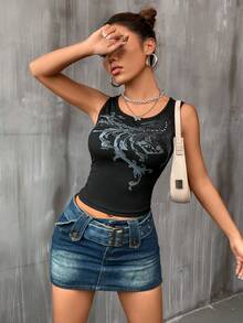 印花短款背心 - 黑色 - 查看 5