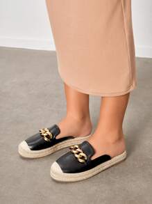 Styleloop Zapatos de mujer de moda Zuecos tipo alpargata con decoración de cadena negra para el verano, rebajas de verano, vuelta al colegio, calzado universitario, zapatos con estilo bohemio y vintage francés para Navidad, Año Nuevo y otoño.