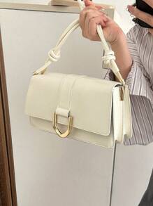 小方包時尚金屬裝飾翻蓋PU皮革 - 米色 - 查看 5