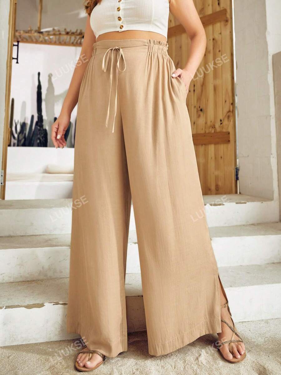 S BETRO Plus Drawstring Waist Split Hem Wide Leg Pants