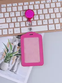 1pc Solid Color Card Cover With Card Buckle, Simple Portable Card Holder For Office, School, Student - Hot Pink - View 12