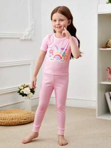 Niñas Conjunto de pijama con estampado de unicornio ajustado - Rosa Pálido - Ver 4
