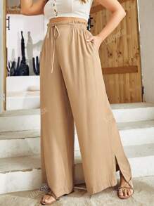 S BETRO Plus Drawstring Waist Split Hem Wide Leg Pants