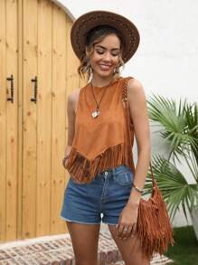 RELISH NOLESS 女士春夏装乡村音乐会休闲度假西部装波西米亚风麂皮流苏上衣 - 駝色 - 查看 1