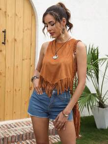 RELISH NOLESS 女士春夏装乡村音乐会休闲度假西部装波西米亚风麂皮流苏上衣 - 駝色 - 查看 6