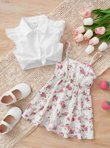 SHEIN Bộ đồ Em bé Xù Nút phía trước Hoa - Nhiều màu - Xem 1