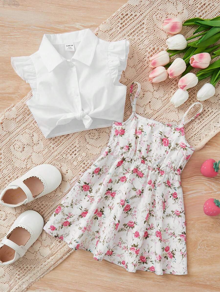 SHEIN Bộ đồ Em bé Xù Nút phía trước Hoa - Nhiều màu - Xem 1