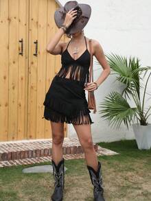 RELISH NOLESS 西部风女装牛仔波西米亚嬉皮士复古波西米亚风节日绒面流苏裙 - 黑色 - 查看 4