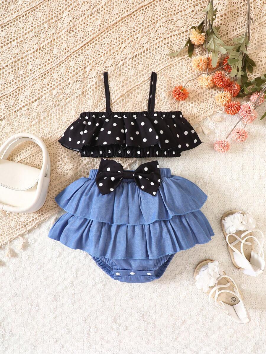 Baby Girl Polka Dot Print Ruffle Trim Cami Top & Bow Front Shorts - Black - View 1