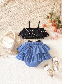 Baby Girl Polka Dot Print Ruffle Trim Cami Top & Bow Front Shorts - Black - View 2