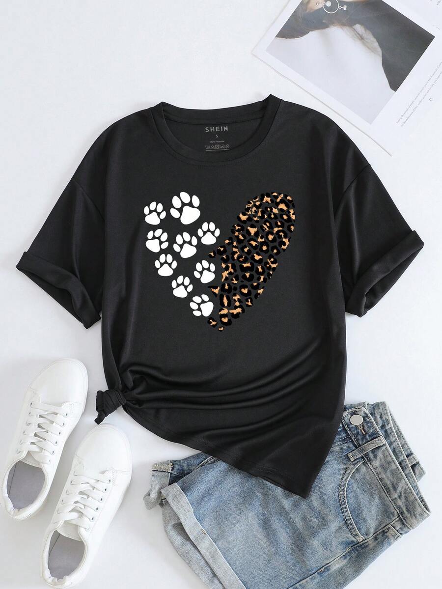 SHEIN LUNE Heart And Paw Print Tee - Black - View 1