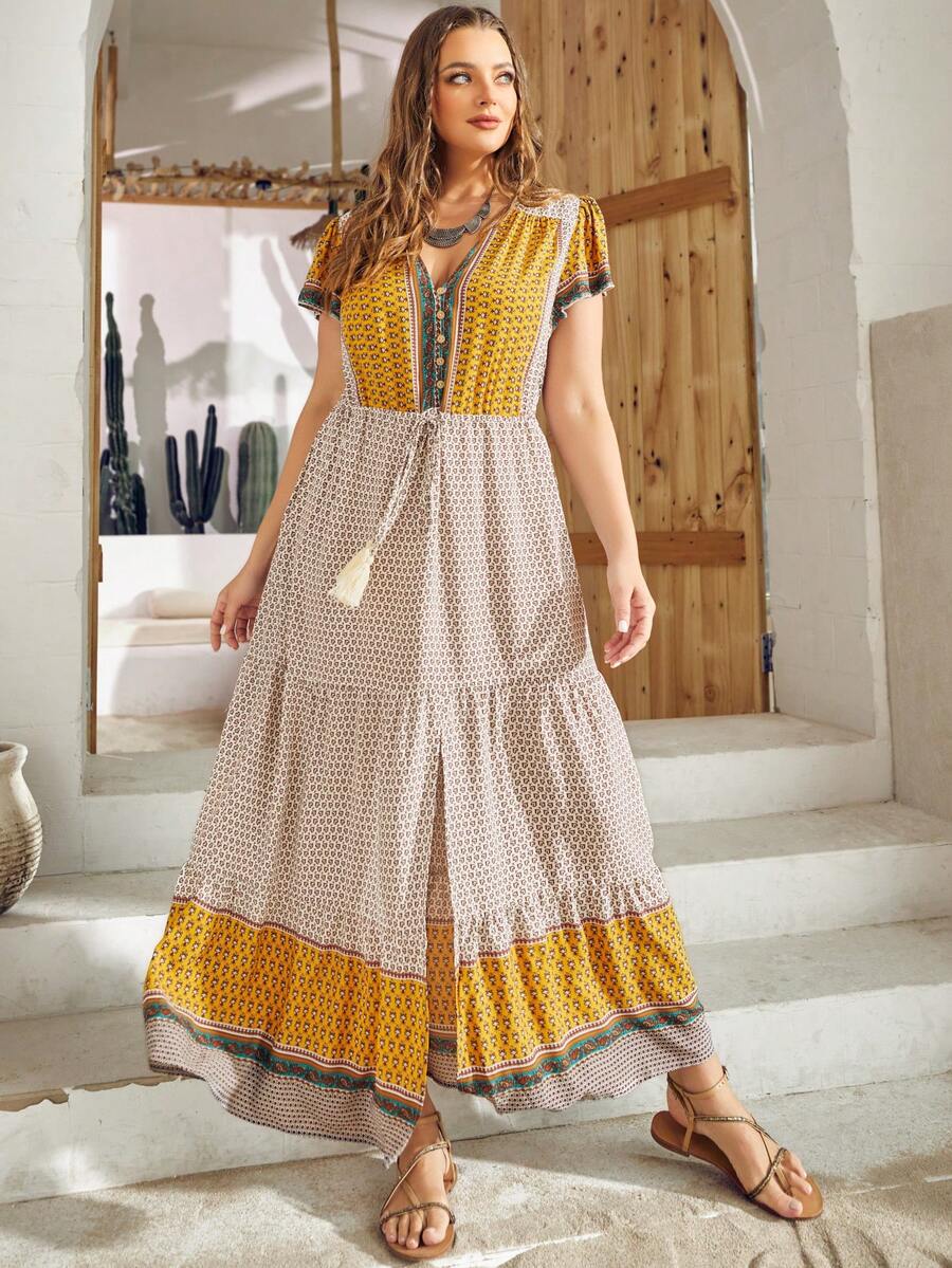 S BETRO Vestido con estampado de corazón con fleco con cordón delantero bajo con fruncido - Multicolor - Ver 1