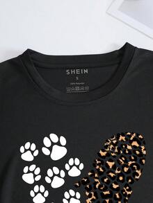 SHEIN LUNE Heart And Paw Print Tee - Black - View 3