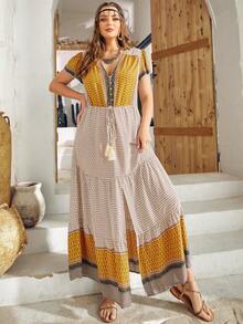 S BETRO Vestido con estampado de corazón con fleco con cordón delantero bajo con fruncido - Multicolor - Ver 3