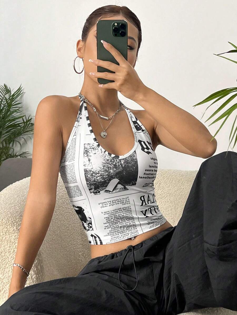 Muchica Áo khoác và áo lót dành cho xe tăng nữ Lộ Lưng Slogan Giải trí - Đen và trắng - Xem 1