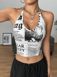 Muchica Áo khoác và áo lót dành cho xe tăng nữ Lộ Lưng Slogan Giải trí - Đen và trắng - Xem 4