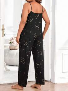 碎花印花吊带上衣和裤子睡衣套装/睡衣套装 - 黑色 - 查看 2