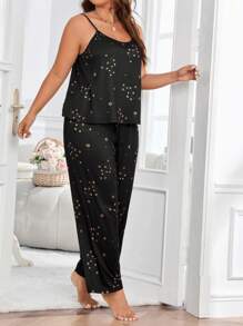 碎花印花吊带上衣和裤子睡衣套装/睡衣套装 - 黑色 - 查看 5