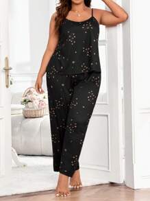 碎花印花吊带上衣和裤子睡衣套装/睡衣套装 - 黑色 - 查看 6