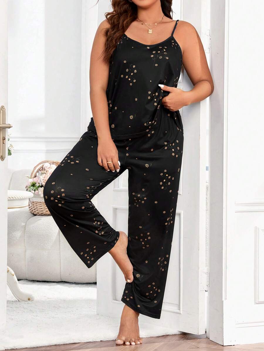 碎花印花吊带上衣和裤子睡衣套装/睡衣套装 - 黑色 - 查看 1