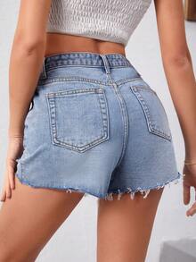 Quần short denim nữ Túi Hem thô Bị tách màu trơn - Màu xanh lam - Xem 2