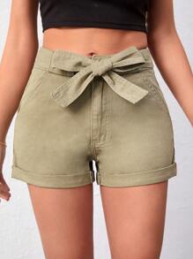 反摺褲腳腰帶牛仔短褲 - 杏色 - 查看 1