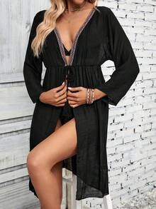 Contrast Geo Tape Tie Front Kimono - Black - View 3