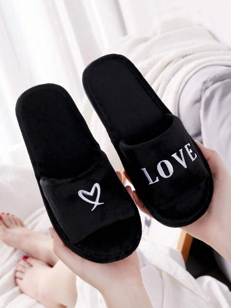 女性字母刺繡家庭時尚室內滌綸臥室拖鞋 - 黑色 - 查看 1