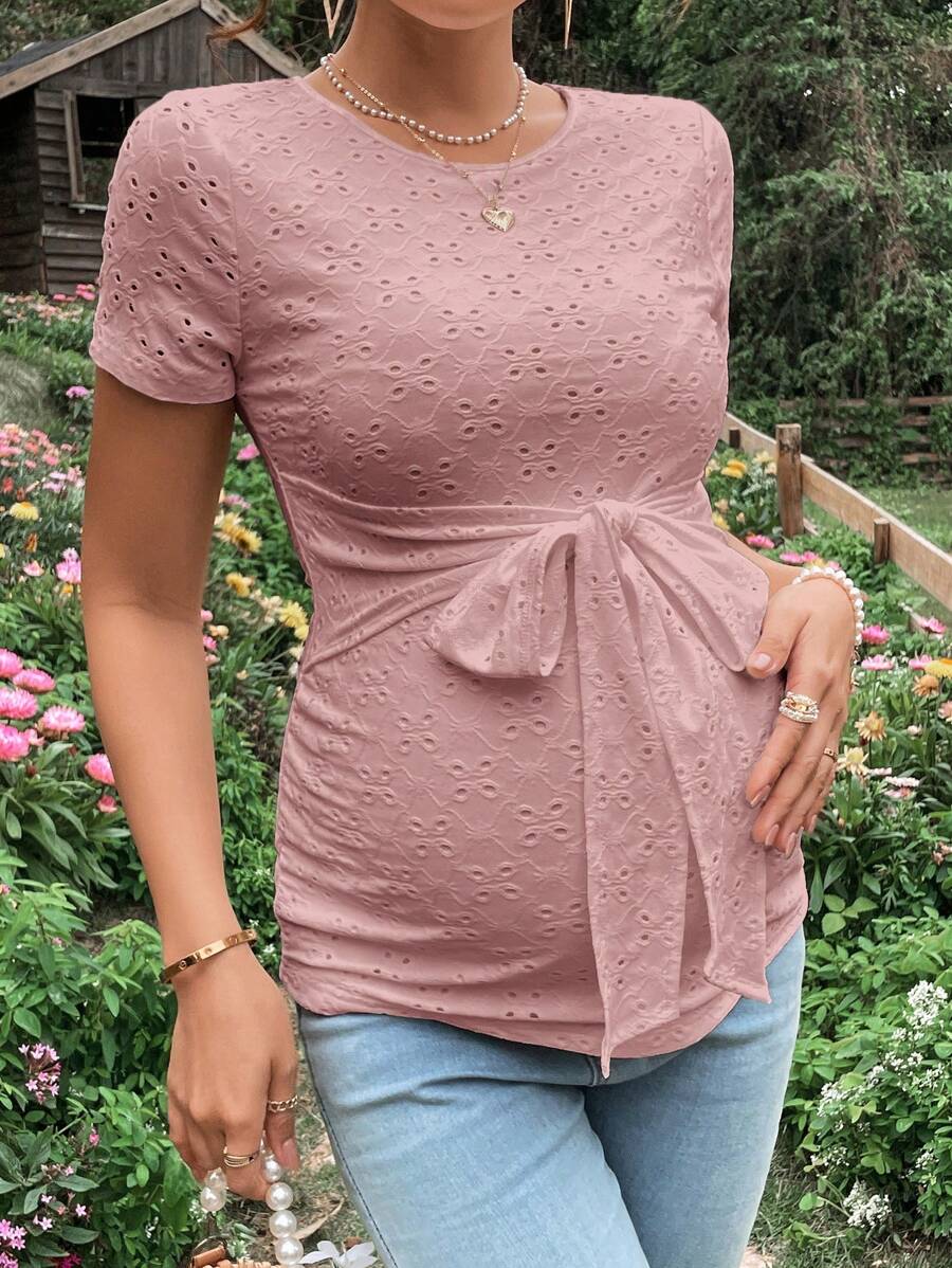 SHEIN 孕婦前繫帶網眼刺繡T恤 - 藕粉色 - 查看 1