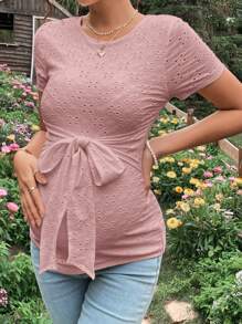 SHEIN 孕婦前繫帶網眼刺繡T恤 - 藕粉色 - 查看 3